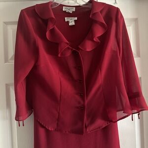 Women's Vintage Miss Dorby Red 2 Pc Dress Jacket Ruffle Jeweled Buttons Size 14